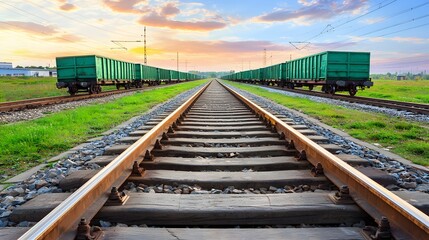 Obraz premium Freight Train Cars Along Railway Tracks at Sunset in an Open Field with Vivid Sky