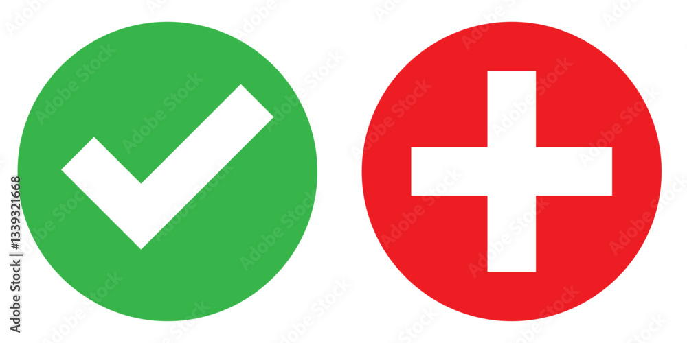 Poster green check mark, red cross, x mark icon, set of flat rounded right and wrong vector sign concept. t