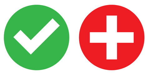 Green check mark, red cross, x mark icon, set of flat rounded right and wrong vector sign concept. tick mark symbol and x cross icon in circle shape. vector set of flat isolated check mark button
