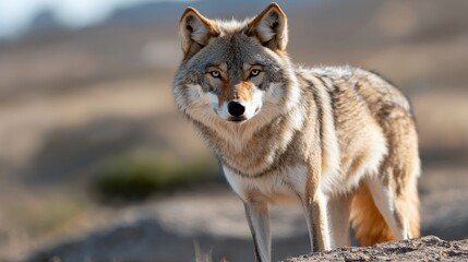 Obraz premium Majestic Coyote Standing Alert in Natural Habitat, Wildlife Portrait, Western Animal