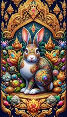 Fototapeta premium Colorful Ornate Rabbit with Floral Design