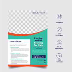 Online education admission flyer or poster, Kids Children's back to school admission layout flyer A4 size vector illustration.