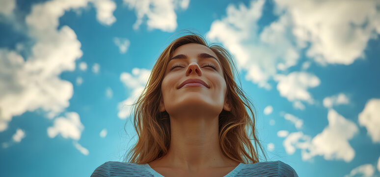 Embracing the Sky: A woman stands in a moment of peace, head tilted back, eyes closed, as if absorbing the serenity and positivity offered by the endless blue canvas of the sky.