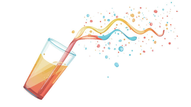 The image is an illustration of a glass of orange-toned liquid with a splash of colorful liquid arching away from the glass. The splash is depicted in an abstract, watercolor-like style with hues