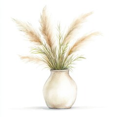 Watercolor arrangement of pampas grass in a rustic vase nature scene home decor art soft colors, isolated on white background