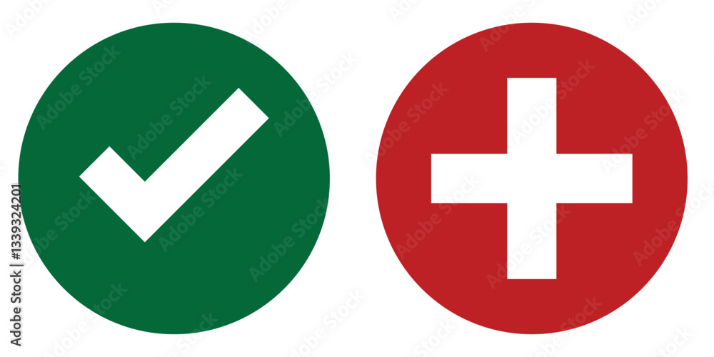 Poster tick and cross signs. green tick ok and red x cross. yes and no. false and true, right and wrong. co