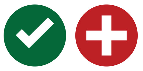 Tick and cross signs. Green tick OK and red X cross. YES and NO. False and true, right and wrong. Correct and incorrect, accept and reject. Digital content
