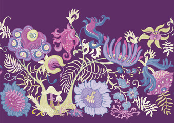 Fantasy, alien hypnotic flowers, decorative flowers and leaves. Cartoon style. Millefleurs trendy floral design. Seamless pattern, background. Outline hand drawing vector illustration.