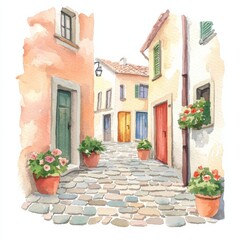 Naklejka premium Charming watercolor streetscape quaint village art illustration european setting scenic viewpoint cozy concept, isolated on white background