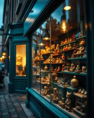 Fototapeta premium Trinkets and dreams linger in the storefront window of an antique shop on a quiet cobblestone street at dusk
