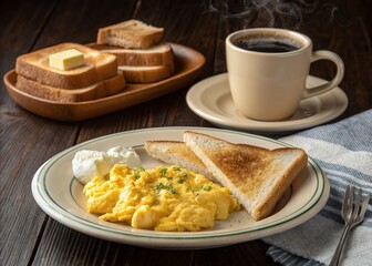 Classic Breakfast Spread: Scrambled Eggs, Toast, and Coffee on Rustic Wood Table