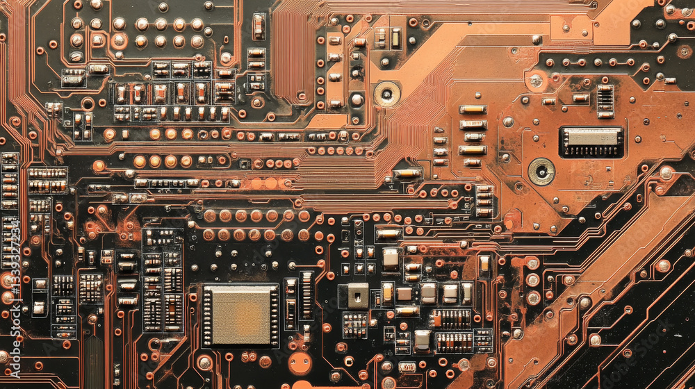Poster a zoomed-in view of an electronic circuit board, showcasing its intricate components and design