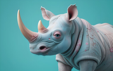 Obraz premium portrait of soft colorful cute rhinoceros against green-turquoise background. Digital artwork. Ai generated