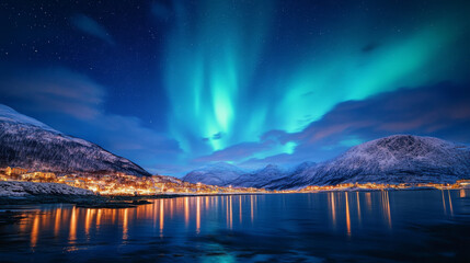 The Northern Lights, or Aurora Borealis, glowing vividly over the night sky in TromsÃ¸, Norway