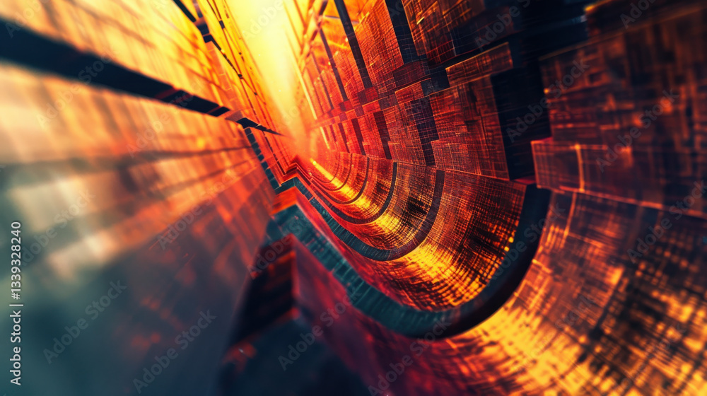 Poster vibrant abstract digital tunnel with glowing lines and textures, creating sense of depth and movemen