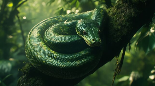 A mesmerizing shot of a green tree python wrapped around a branch in a rainforest. 