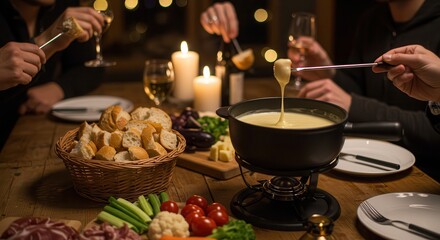Enjoying Cheese Fondue Dinner with Bread and Vegetables Together