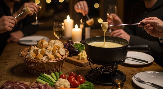 Enjoying Cheese Fondue Dinner with Bread and Vegetables Together