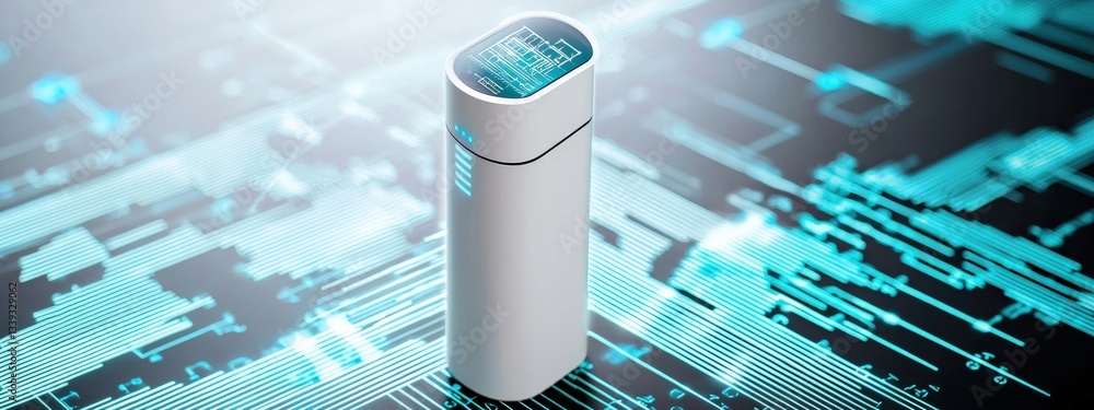 Poster modern smart device on futuristic digital background with data lines