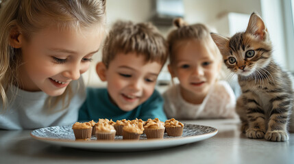 Three children and mother looking at a plate of Reese's peanut butter cup on the table in modern kitchen an on right side on table there is a kitten sitting an watching the Happy family sharing Reeses