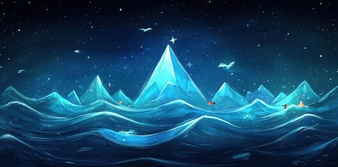 Obraz premium Crystal Mountains Emerging From Sparkling Water Beneath A Night Sky
