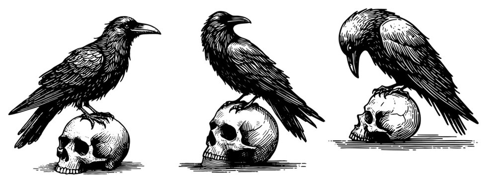 dark gothic illustration of ravens perched on human skulls in vintage engraving style