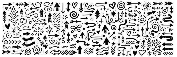 hand drawn arrow doodle set with various shapes and directions in black and white vector