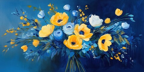 Fototapeta premium Floral Symphony: A captivating floral arrangement in a harmonious blend of yellow and blue hues, painted on canvas, radiating beauty.