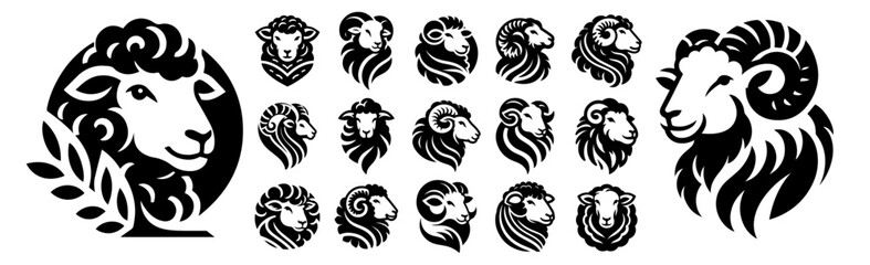 ram and sheep head illustration set with bold stylized designs vector