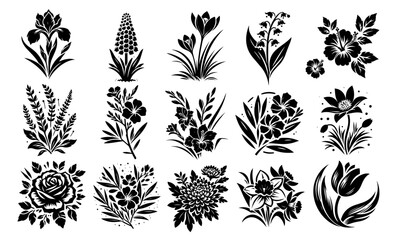 floral illustration set with bold flower silhouettes and botanical elements vector