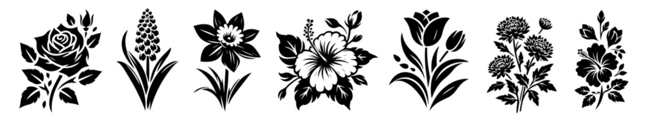 floral ornament illustration set with bold traditional flower silhouettes vector