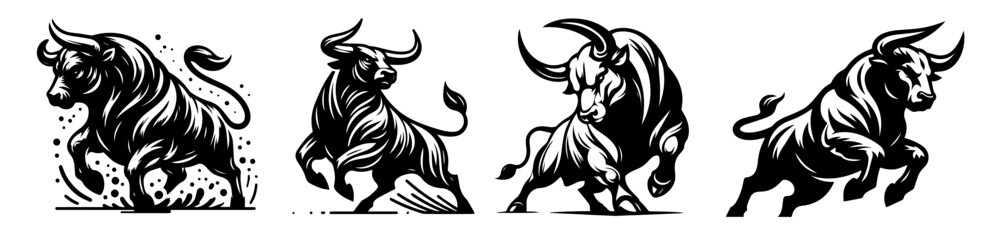 collection of powerful running and fighting bulls drawn in dynamic tattoo style