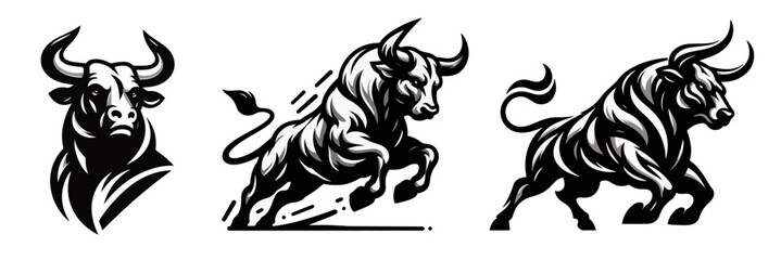 stylized illustrations of aggressive bulls in motion with bold dynamic lines