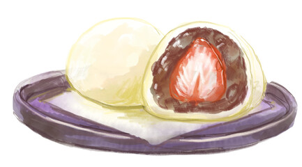 甘くて美味しそうな和菓子、苺大福の水彩イラスト(透過PNG)