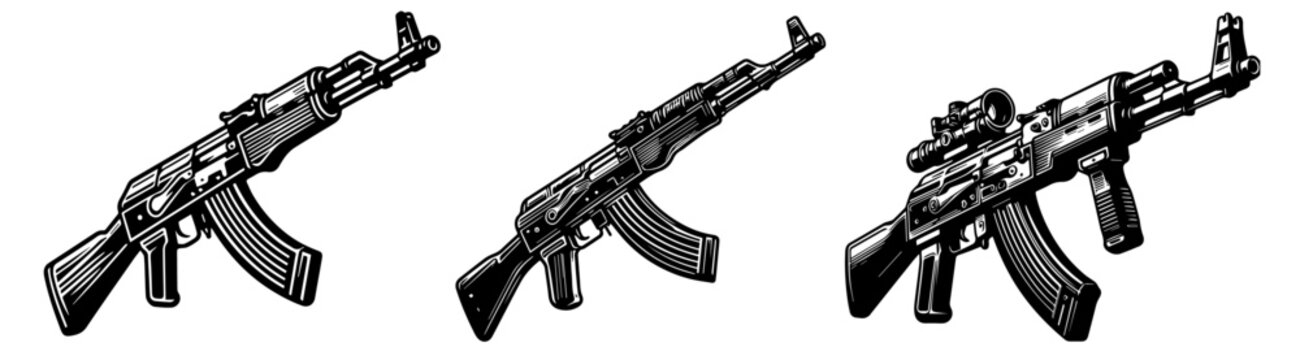 ak47 rifle illustrations in black and white style vector