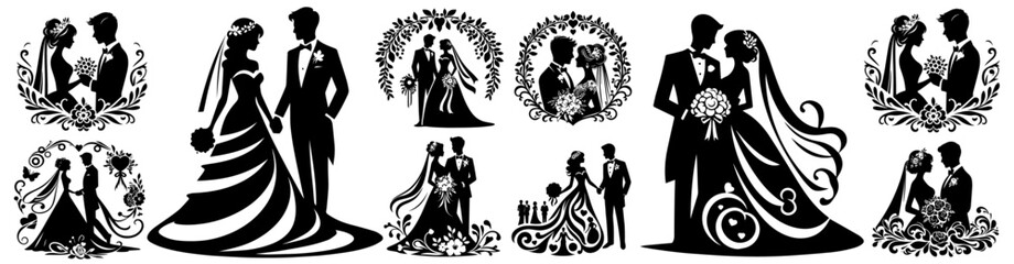 Fototapeta premium bride and groom wedding silhouettes in romantic scenes and floral frames