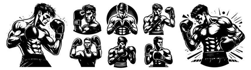 boxing fighter illustrations in comic style with strong poses