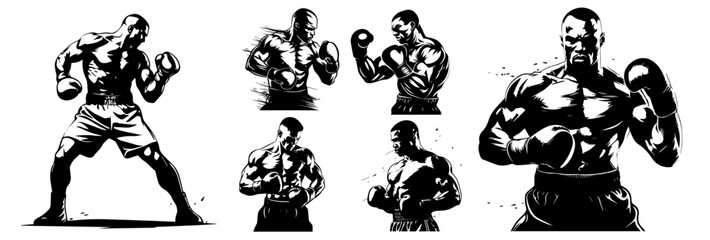 muscular boxer illustrations in black and white dynamic poses