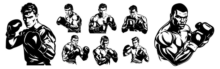 boxing fighter illustrations in black and white comic style