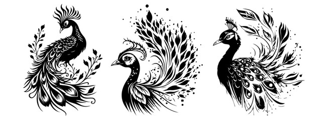 decorative peacock birds in artistic flourish style with flowing feathers and floral elements