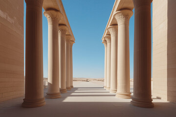 Fototapeta premium Architectural Symmetry: A captivating architectural composition featuring a series of majestic columns, exuding a sense of grandeur and order, against a vibrant blue sky