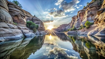 Fototapeta premium Sunset Canyon Reflections: Bokeh Desert Landscape Photography, Tranquil Water Mirror, Breathtaking Colors