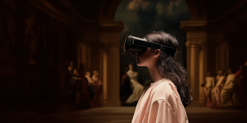 Virtual Reality Exploration: A woman immersed in a virtual reality experience, donning VR headset and gazing in wonder at a historical setting, combining technology with cultural appreciation.