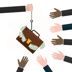 Money bait and trap, business concept. Briefcase full money on the fishing hook. Business metaphor about debt and making unrealistic profits. Bribe, fake offer,