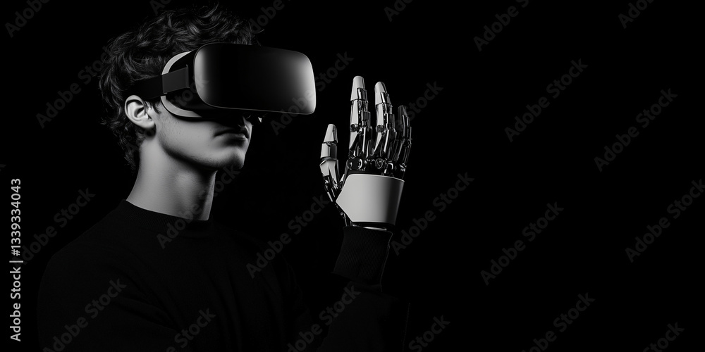 Poster navigating the metaverse: a grayscale shot captures a person immersed in a virtual reality experienc