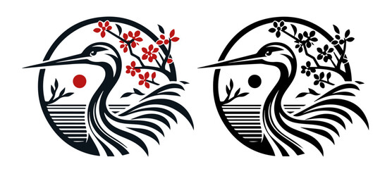 heron bird silhouette with cherry blossoms and sun for laser cutting and engraving monochrome vector