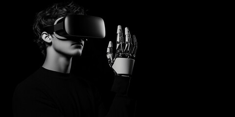 Navigating the Metaverse: A grayscale shot captures a person immersed in a virtual reality experience, his face lit by the glow of the headset as he interacts with a robotic hand.