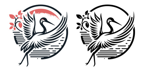 crane bird silhouette with floral circle frame for laser cutting and engraving monochrome vector