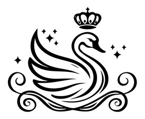 royal swan silhouette with crown and decorative elements for laser cutting and engraving monochrome vector