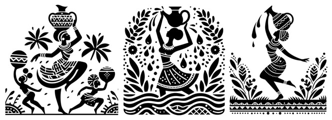 african woman carrying water silhouettes tribal shapes for laser cutting and engraving monochrome vector